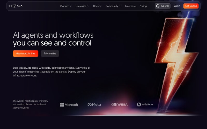 The n8n homepage describing its open-source workflow automation platform