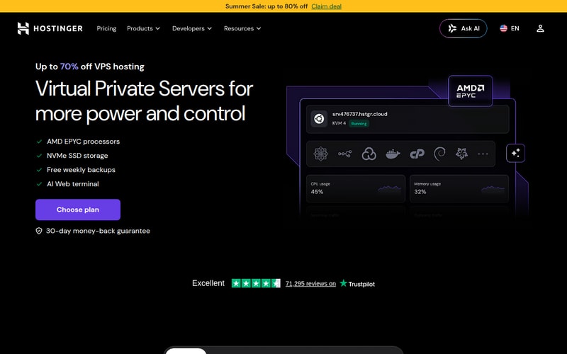 Hostinger VPS hosting page showing AMD EPYC processors, NVMe storage and free weekly backups