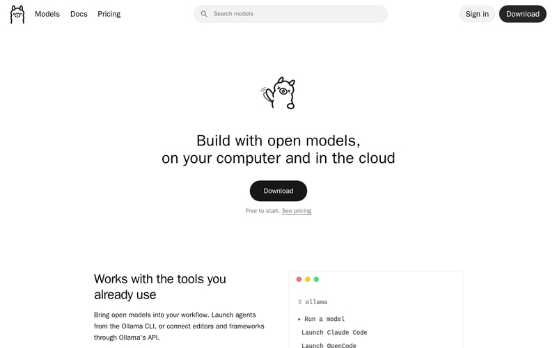 The Ollama homepage describing its tool for running large language models locally