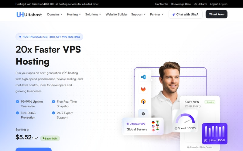 UltaHost VPS hosting page listing NVMe storage and root access on budget KVM plans