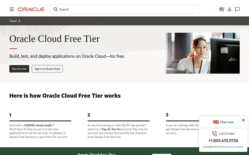 Oracle Cloud Free Tier page describing its Always Free Ampere A1 compute allocation