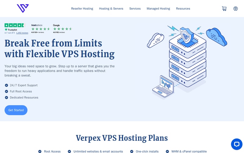 Verpex VPS hosting page advertising dedicated Xeon vCPUs and NVMe storage
