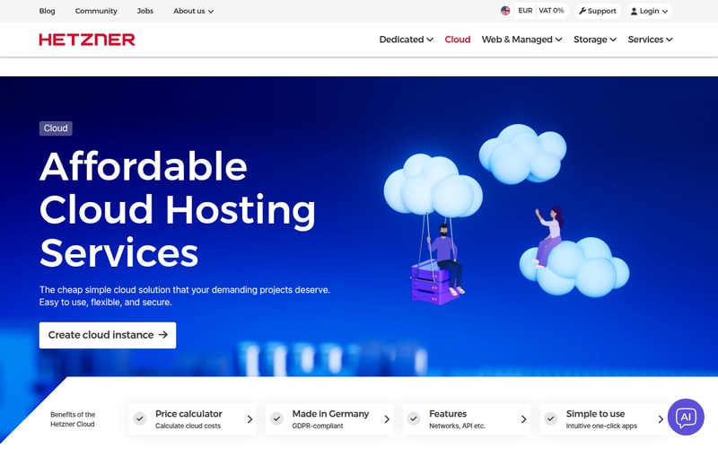Hetzner Cloud page showing its price calculator and GDPR-compliant German data centres