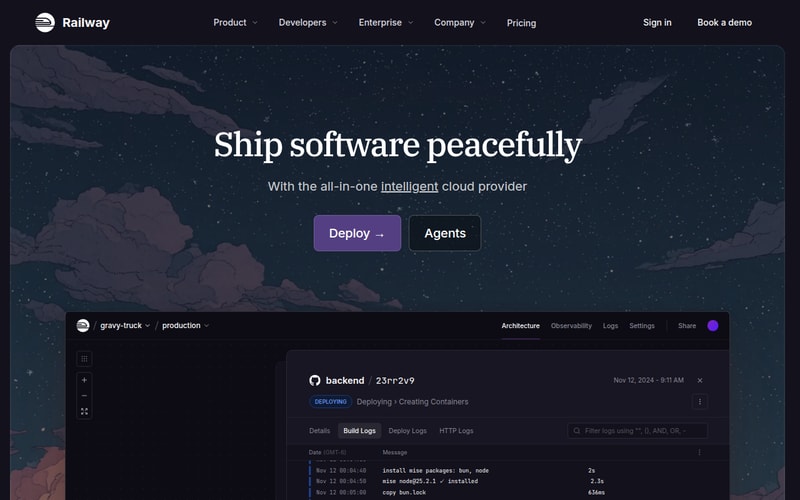Railway homepage describing its platform for deploying applications without managing servers