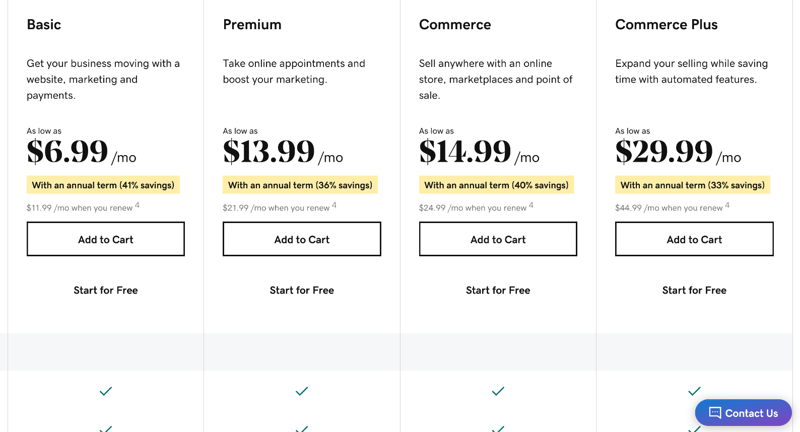 GoDaddy priser och nivåer i tabellformat.