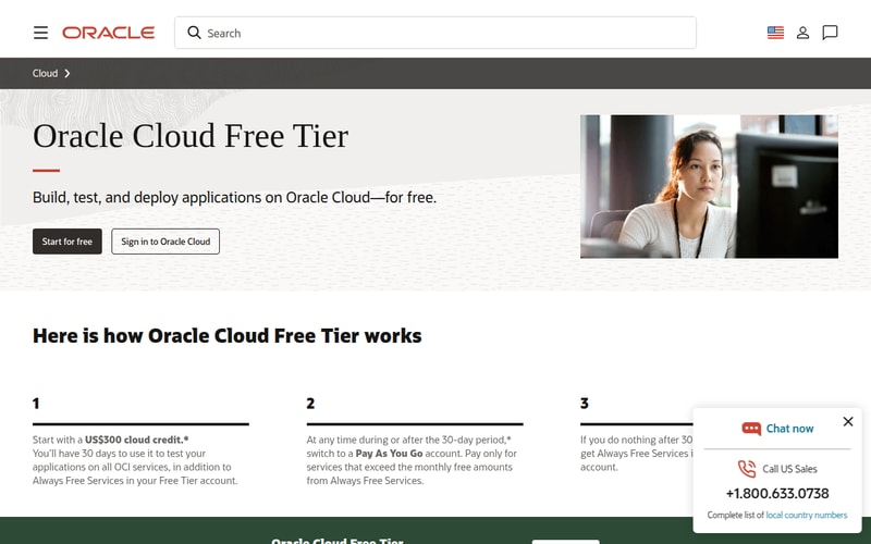 Oracle Cloud Free Tier page describing its Always Free allocation and $300 starting credit