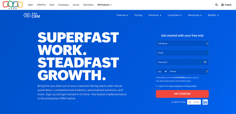 Zoho homepage