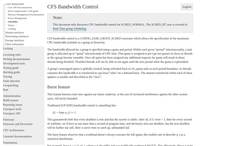 Linux kernel documentation page “CFS Bandwidth Control” describing how a task group is allocated quota microseconds of CPU time per period and how threads are throttled once the quota is exhausted