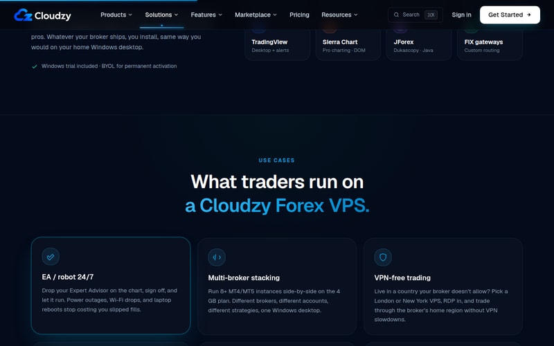 Cloudzy forex VPS page describing multi-broker use and inviting the reader to pick a London or New York VPS