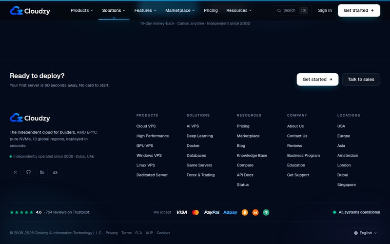 Cloudzy footer listing locations as USA, Europe, Asia, Amsterdam, London, Dubai and Singapore
