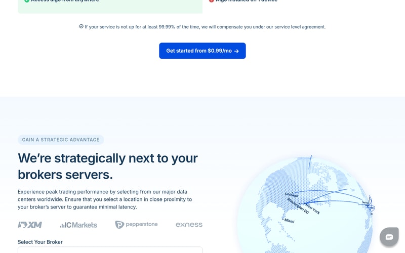FXVM page headed “We’re strategically next to your brokers servers” with a broker selector naming XM, IC Markets, Pepperstone and Exness