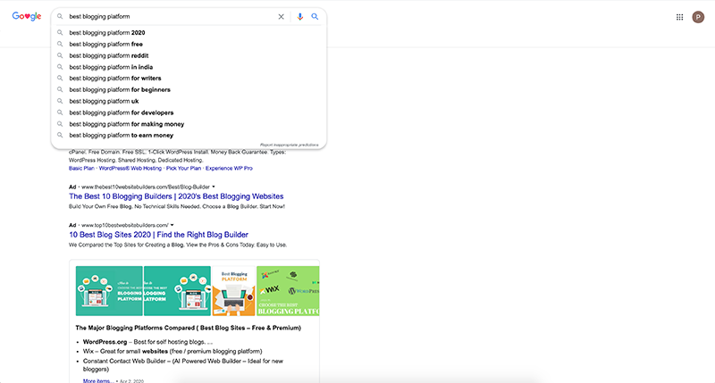 Google Auto-Complete best blogging platform keyword