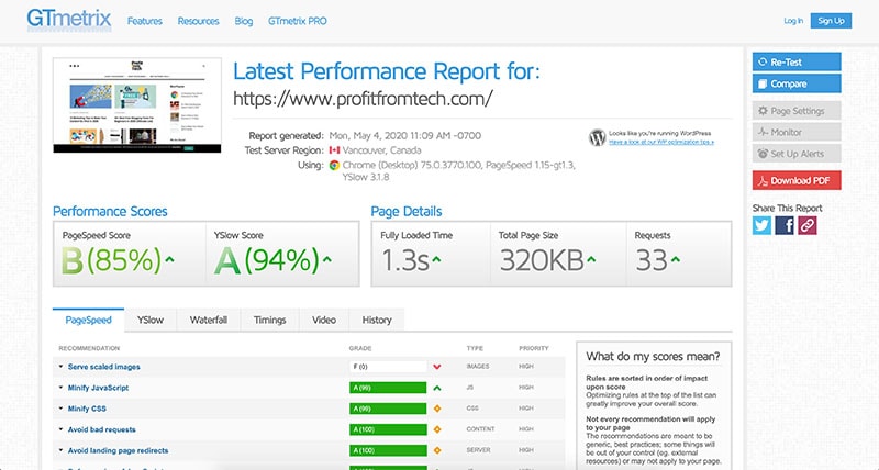 GTMetrix ProfitFromTech speed test