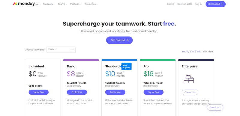 Monday.com Pricing page