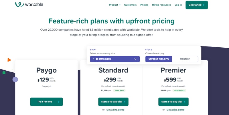 Workable Pricing page