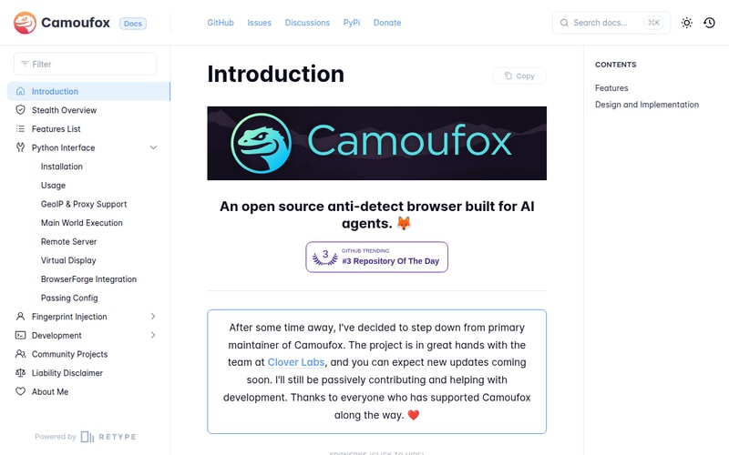 The Camoufox documentation introduction page, headed “An open source anti-detect browser built for AI agents”, with a notice from the original maintainer announcing they have stepped down and the project is now with the team at Clover Labs
