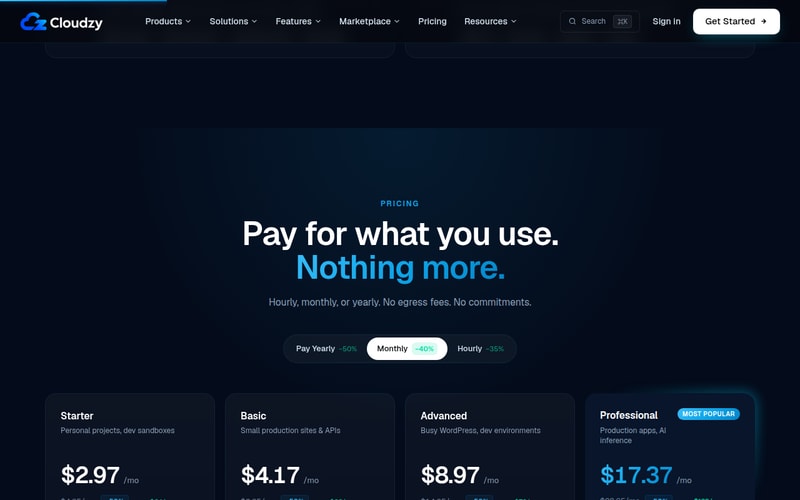 The Cloudzy pricing table with the Monthly billing toggle selected, showing Starter at $2.97, Basic at $4.17, Advanced at $8.97 and Professional at $17.37 per month