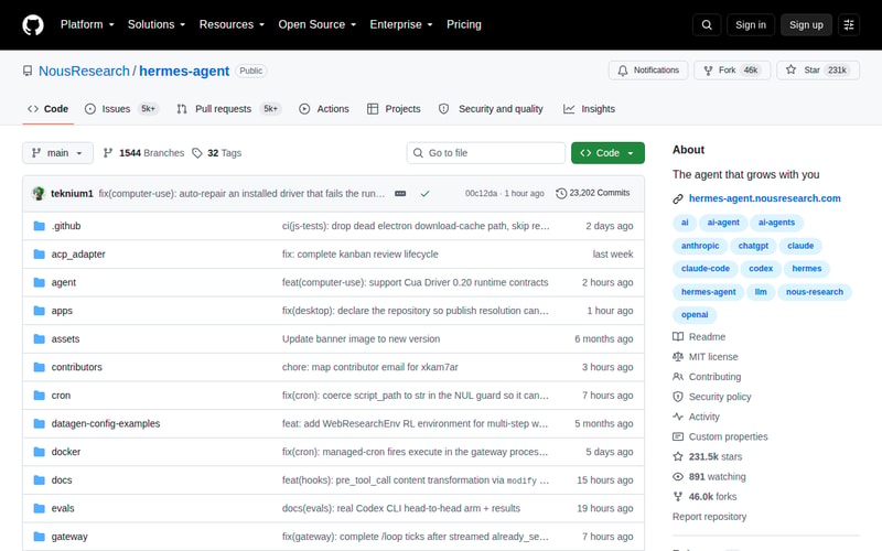 The NousResearch/hermes-agent repository on GitHub, described as “the agent that grows with you”, marked MIT license with 231.5k stars and 46k forks