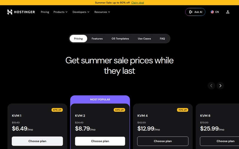 The Hostinger VPS pricing table showing KVM 1 at $6.49 a month reduced from $19.49, KVM 2 at $8.79 from $24.49, KVM 4 at $12.99 and KVM 8 at $25.99, each with a discount badge