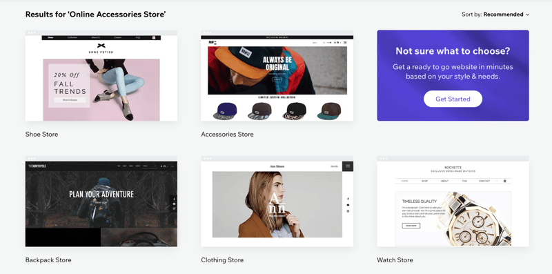Wix template selection