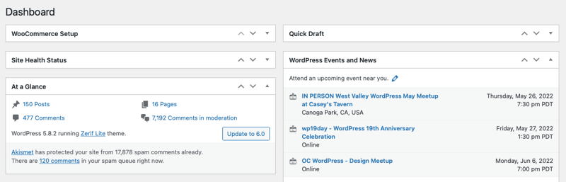 Wordpress dashboard