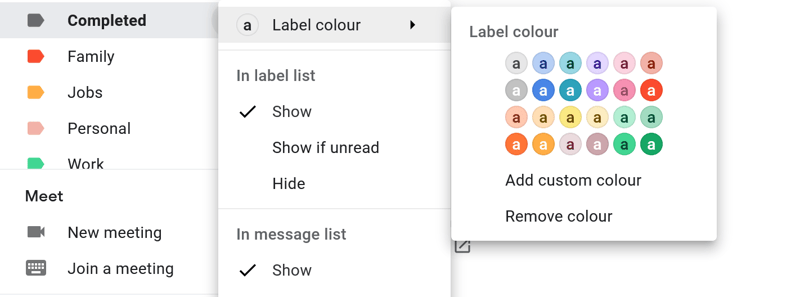 Creating a new label on Gmail - colors