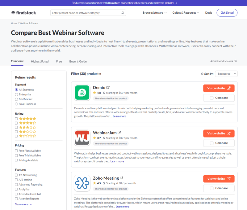Findstack's Compare Best Webinar Software Page
