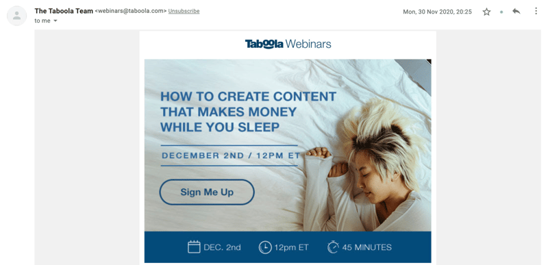 taboola webinars email campaign