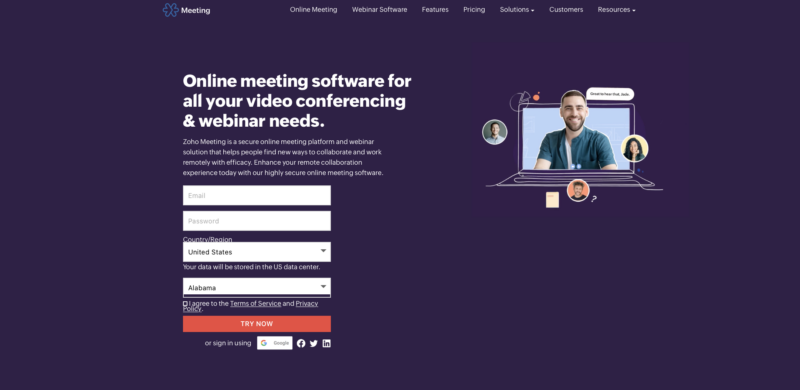 Zoho Meeting homepage