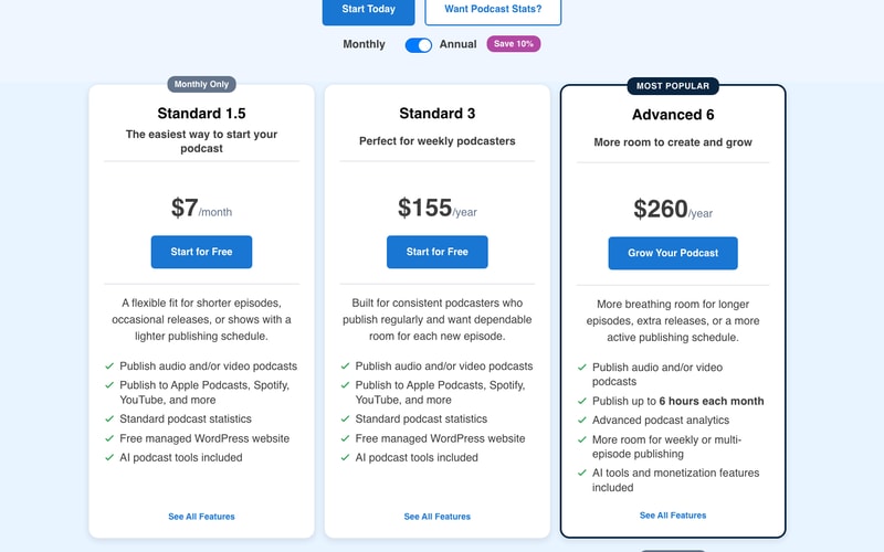 Blubrry’s annual pricing showing Standard 1.5 at $7 a month marked “Monthly Only”, Standard 3 at $155 a year and Advanced 6 at $260 a year.