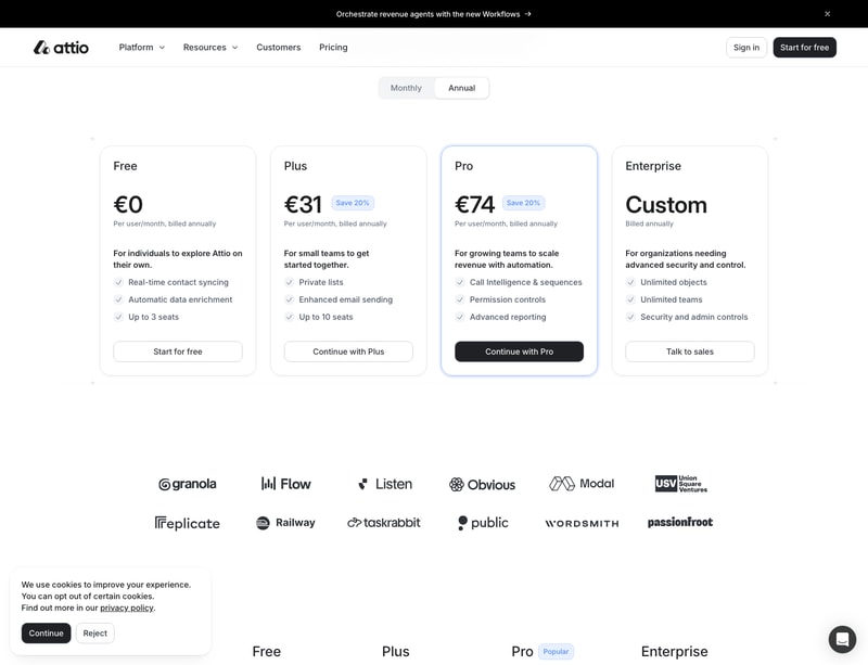 Os quatro planos da Attio são cobrados anualmente: Gratuito por EUR 0, Plus por EUR 31 e Pro por EUR 74 por usuário por mês, cada um exibindo um selo de Economize 20%, com o preço para Empresas mencionado.