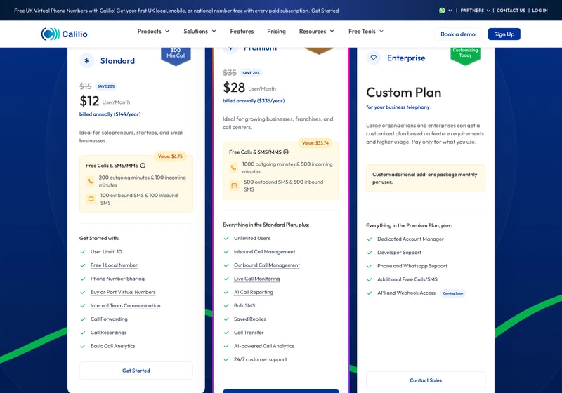 Calilio’s three plans — Standard at $12 a user a month, Premium at $28 and a custom Enterprise plan, each showing its included call and SMS bundle