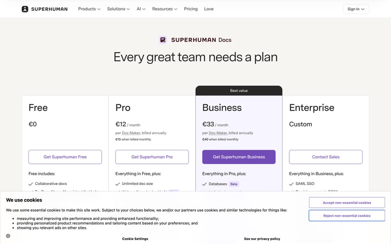 Coda’s pricing page showing Free at €0, Pro at €12 and Business at €33 per Doc Maker per month billed annually, with buttons reading Get Superhuman.