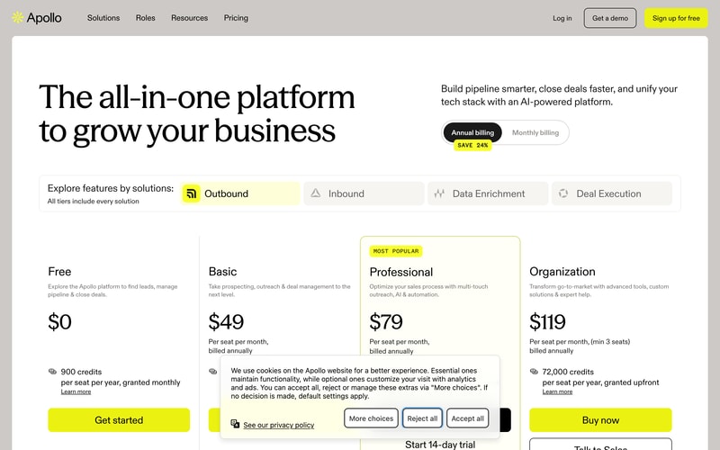Apollo.io’s pricing page with Annual billing selected, showing Free at $0, Basic at $49, Professional at $79 and Organization at $119 per seat per month, each listing an annual credit allowance.