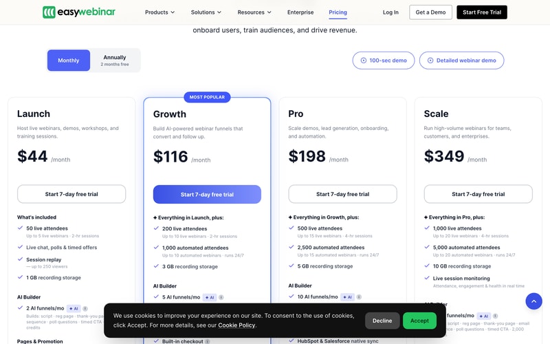 Auf der Preisseite von EasyWebinar werden folgende Tarife angezeigt: Launch für 44 US-Dollar, Growth für 116 US-Dollar, Pro für 198 US-Dollar und Scale für 349 US-Dollar pro Monat. Automatisierte Teilnehmer werden nur ab dem Growth-Tarif angezeigt.