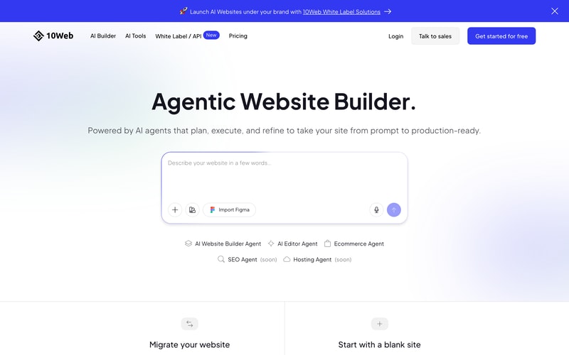 10Web’s homepage presenting its AI website builder.