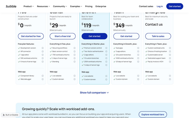 Bubble’s pricing page with the Web tab selected, showing Free at $0, Starter at $29, Growth at $119 and Team at $349 per month billed annually, alongside workload unit allowances of 50K, 175K, 250K and 500K.
