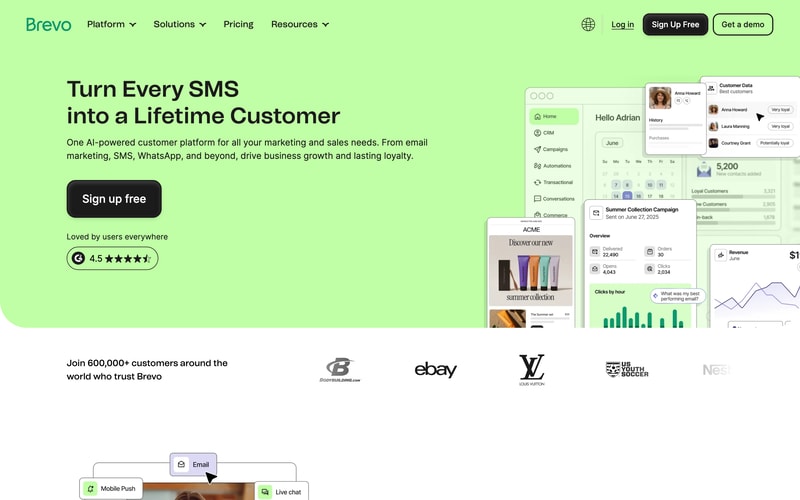 Brevo’s homepage presenting its all-in-one marketing platform.