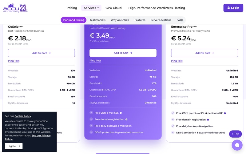 AccuWeb’s three shared hosting plans on the euro price list: GoSolo ++ at €2.18, Premium ++ at €3.49 and Enterprise Pro ++ at €5.24 a month, each quoted for a 36-month term.