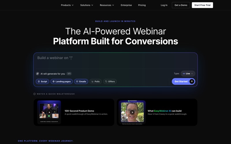 Die Homepage von EasyWebinar präsentiert die Live- und automatisierte Webinar-Plattform.