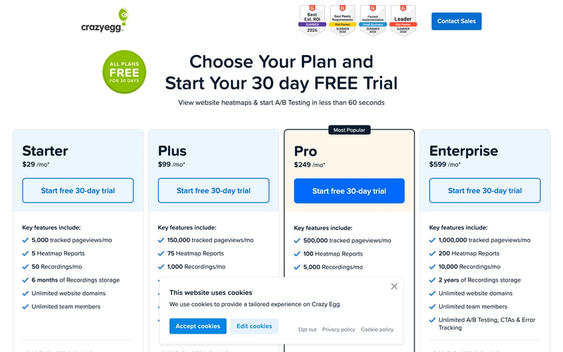 Crazy Egg’s pricing page showing Starter at $29, Plus at $99, Pro at $249 and Enterprise at $599 per month, all billed annually.