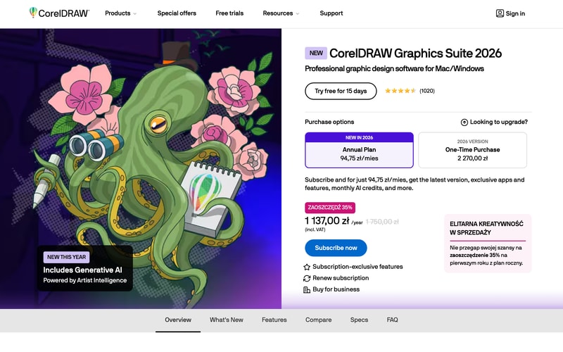 CorelDRAW Graphics Suite 2026’s product page showing two purchase options side by side: an annual plan at 94.75 zloty per month, discounted 35% to 1,137 zloty for the first year from 1,750, and a one-time purchase of the 2026 version at 2,270 zloty.