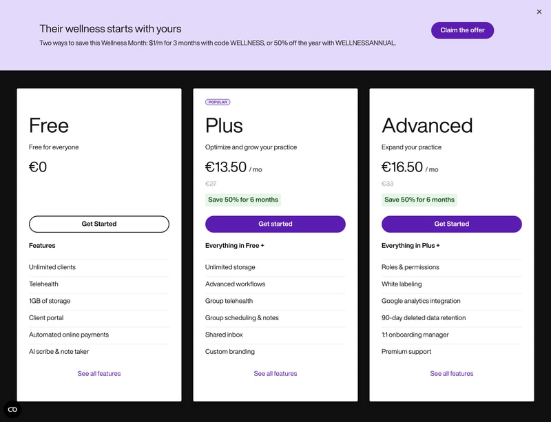 Carepatron’s pricing page showing the Free, Plus and Advanced cards with a “Save 50% for 6 months” badge, beneath a banner advertising two different discount codes