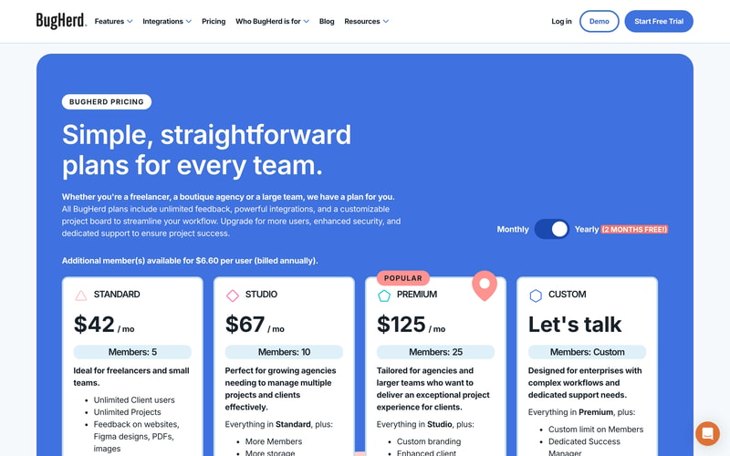BugHerd’s pricing page showing Standard at $42, Studio at $67 and Premium at $125 per month billed yearly, for 5, 10 and 25 members.