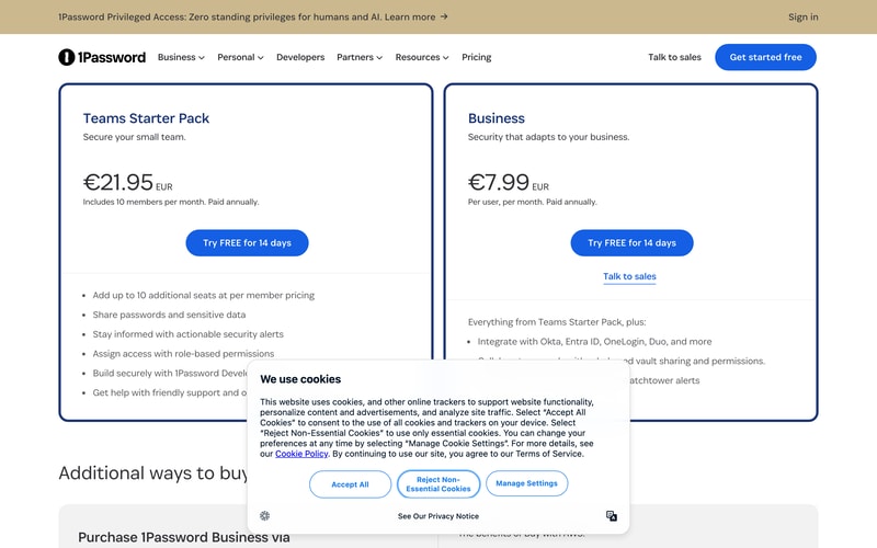 1Password’s business pricing page showing the Teams Starter Pack at €21.95 a month including ten members, and Business at €7.99 per user per month, both paid annually.