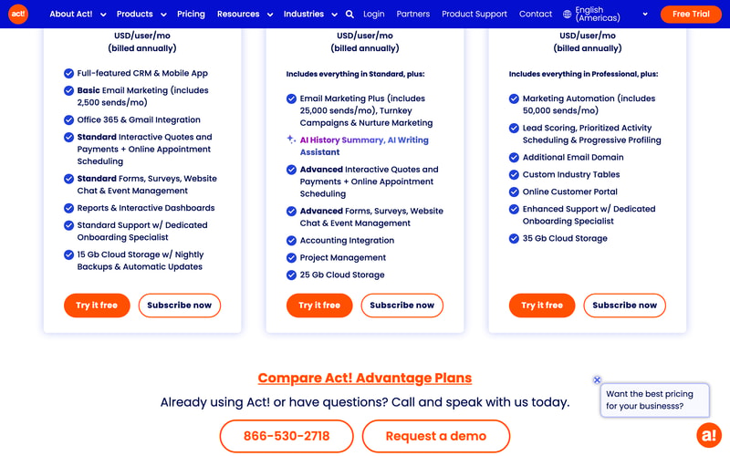 Act!’s pricing page showing the feature ladder across Advantage Standard, Professional and Ultimate, with email send allowances of 2,500, 25,000 and 50,000 per month.