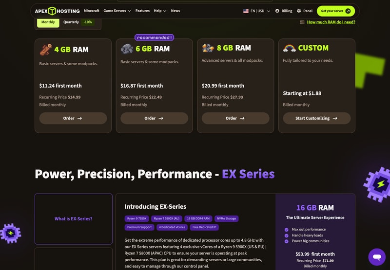 Apex Hosting’s Minecraft pricing: 4 GB at $11.24 first month with a $14.99 recurring price, 6 GB at $16.87 / $22.49, 8 GB at $20.99 / $27.99, and a custom option from $1.88.