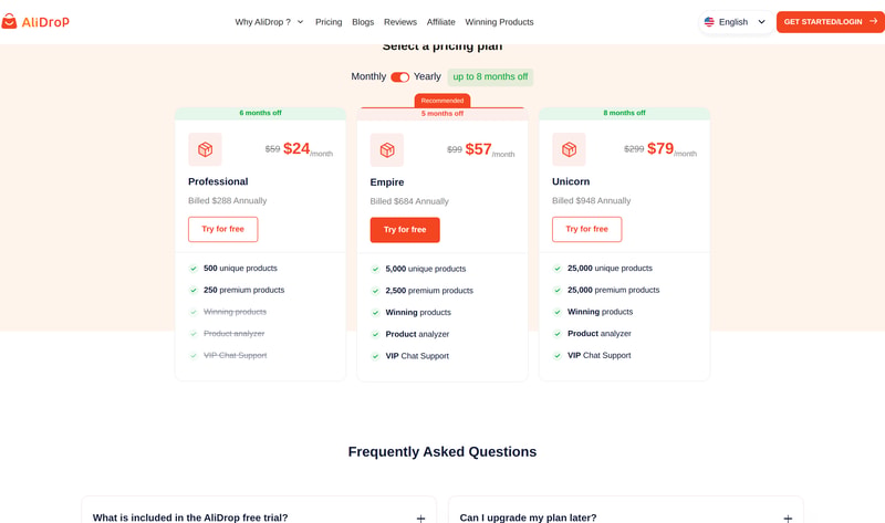 AliDrop’s yearly view showing only three plans, with Winning products, Product analyzer and VIP Chat Support struck through on Professional