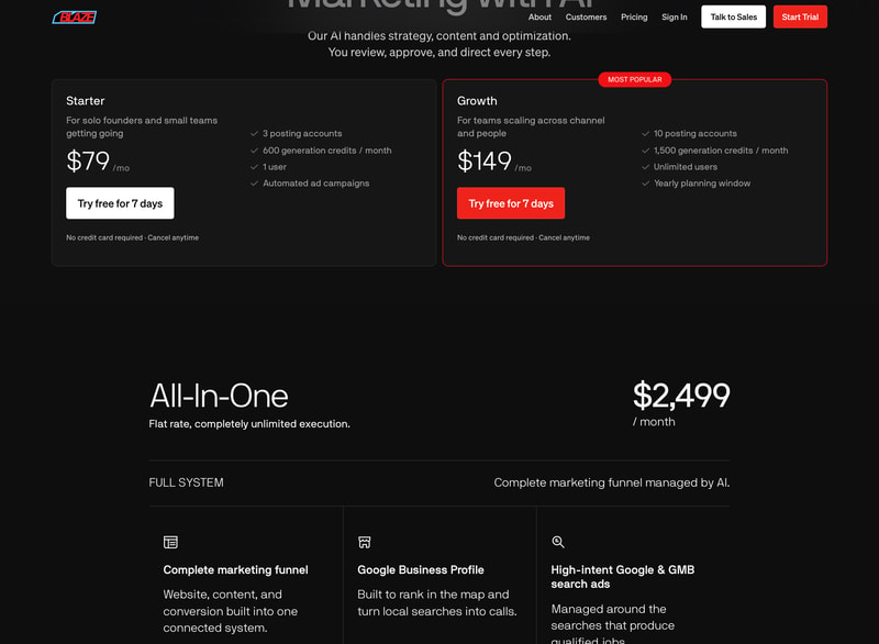Blaze AI’s Starter plan at $79 a month with 1 user and Growth at $149 with unlimited users