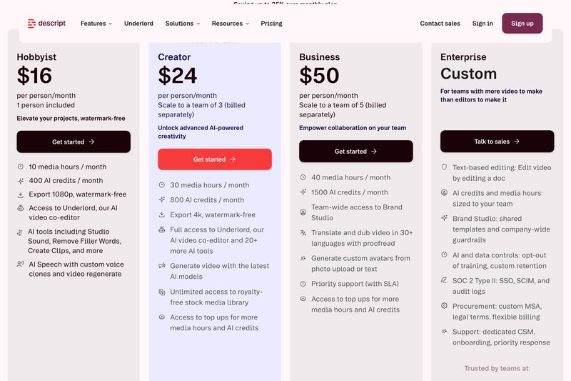 Descript’s four plan cards on annual billing — Hobbyist at $16, Creator at $24, Business at $50 and a custom Enterprise tier, all per person per month